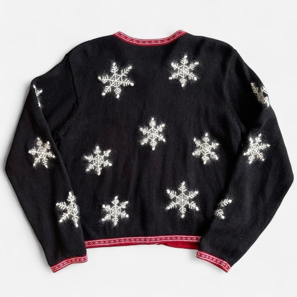 Paul Harris Design Black Knit Red Trim Knit Cardigan  Embroidered Snowflakes M - Picture 7 of 7